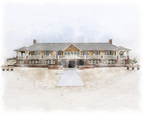 Beach House viewed from the lakeshore, sunlit stone rising above sand as waves recede behind the viewer.