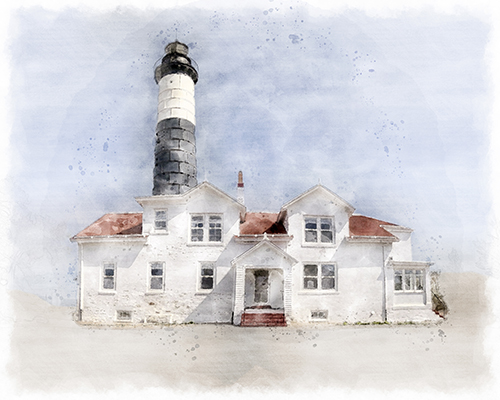 Big Sable Point Lighthouse front view, towering black‑and‑white column rising from sand and grass after the long walk.