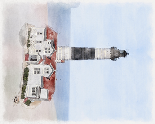 Big Sable Point Lighthouse seen from high dunes, distant and majestic against sweeping shoreline and open lake.