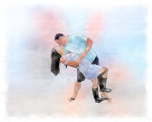 Couple leaning into a dramatic dip along the lakeshore