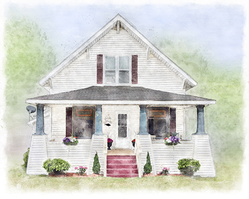 Watercolor of an early‑century Ludington home with porch columns, flower boxes, and a wire sign reading Welcome to the Lake — a warm tribute to the beauty and memory held in beloved houses.