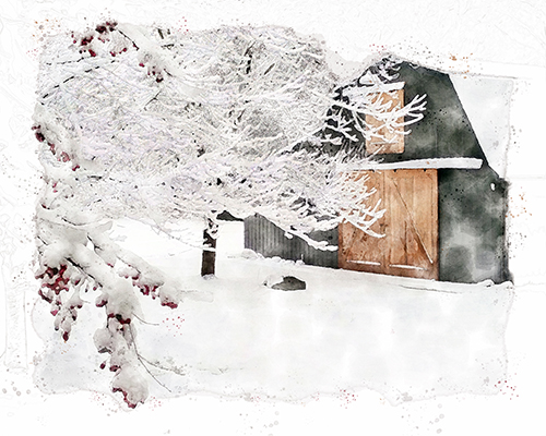 Barn in winter surrounded by soft snow and muted light