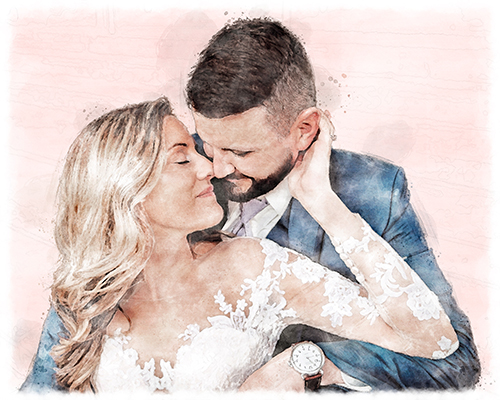 Bride and groom embracing in soft natural light