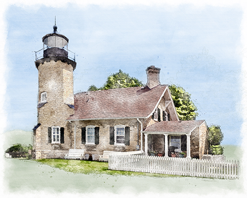 White River Light Station standing along the shoreline in soft light
